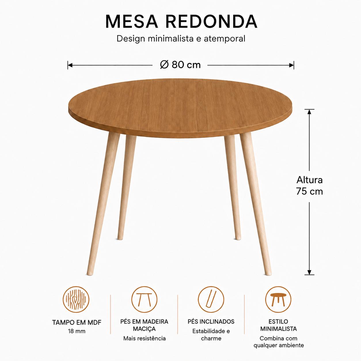 Mesa Jantar Sofia Redonda 80cm Freijó Natura 18mm Pés de Madeira Natural Marin