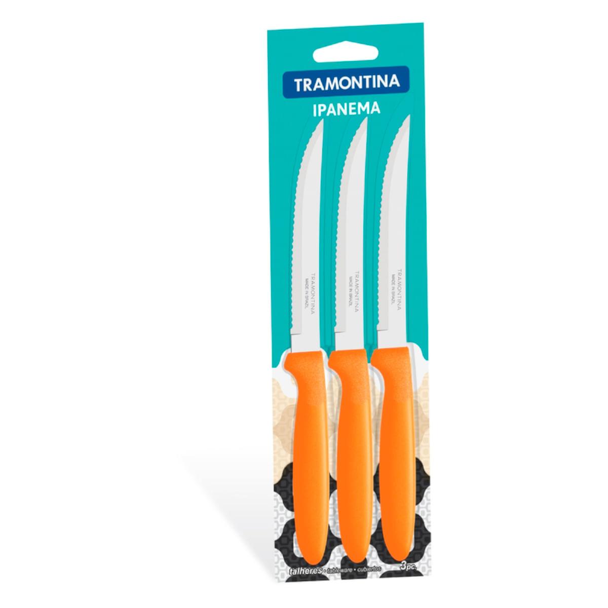 Conjunto de Facas para Churrasco 3 Peças Tramontina Ipanema com Lâminas em Aço Inox e Cabos de Polipropileno Laranja