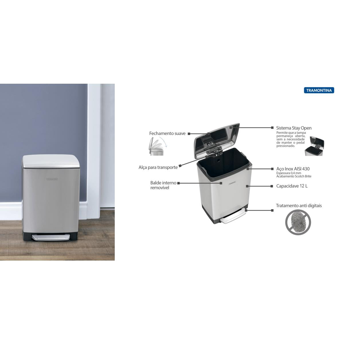 Lixeira Inox com Pedal Tramontina D Slim 12 L com Acabamento Scotch Brite e Balde Interno Removível OUTLET 94900488