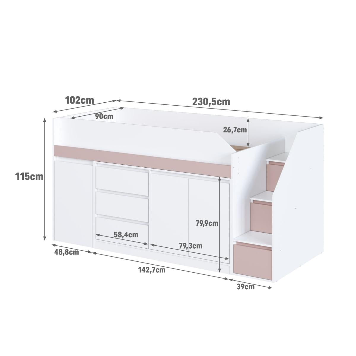Cama Infanto Juvenil com Escrivaninha e Balcão Branco e Rosa Completa Móveis