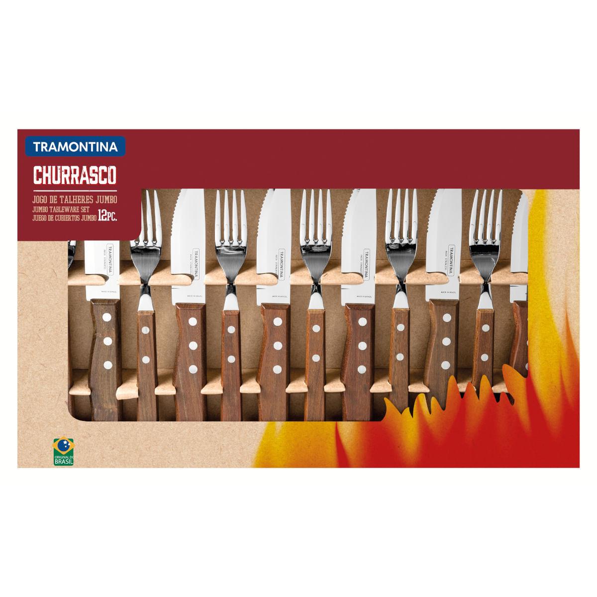 Jogo de Talheres Jumbo Tramontina Churrasco Aço Inox Cabos de Madeira 12 Peças