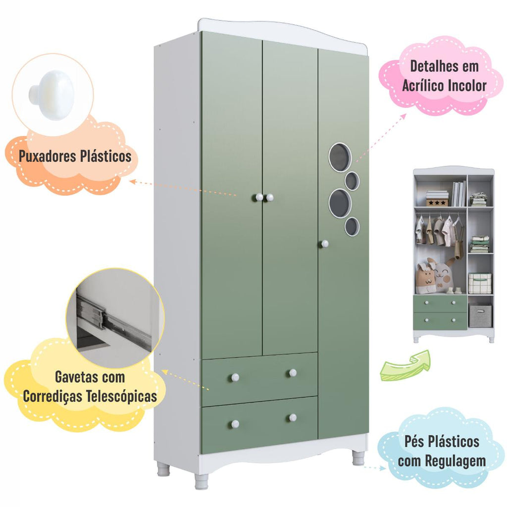 Guarda Roupas Infantil 3 Portas e 2 Gavetas 91x40x198 cm Branco e Verde Completa Móveis