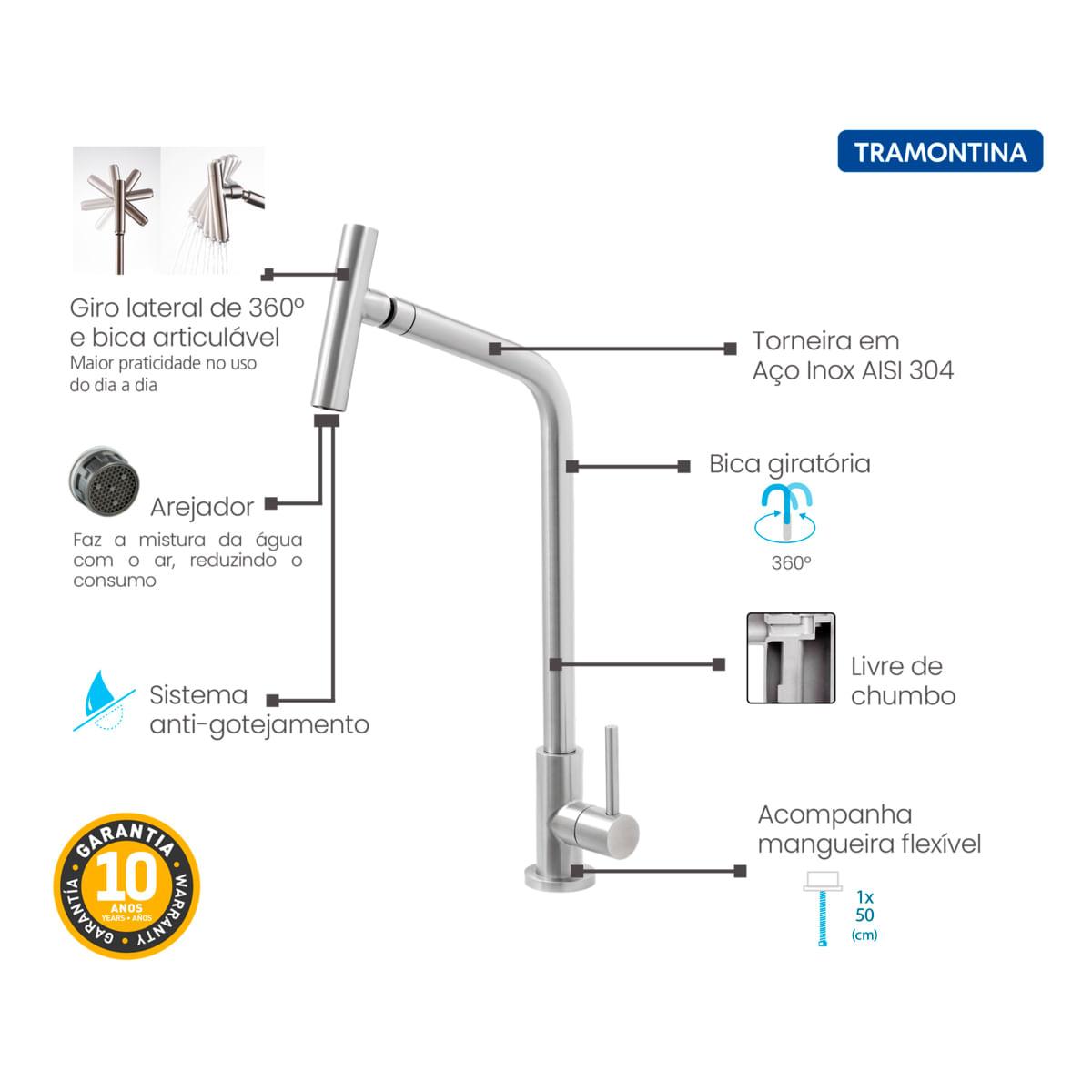 Torneira de Bancada Tramontina Versa em Aço Inox com Bica Articulada