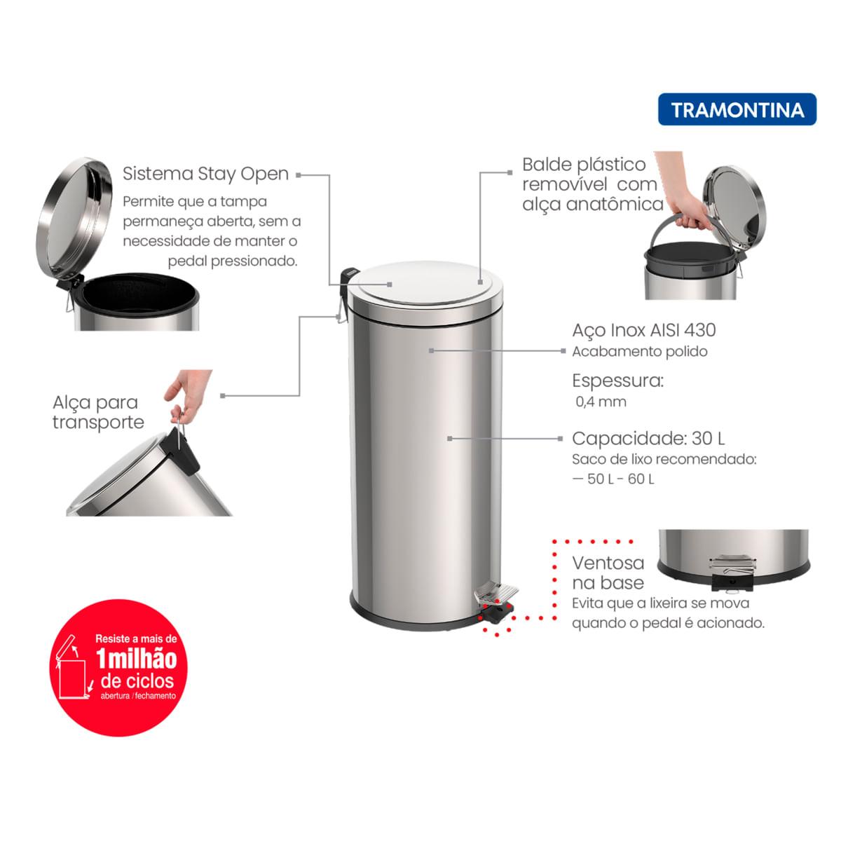 Lixeira Inox com Pedal Tramontina Brasil 30 Litros