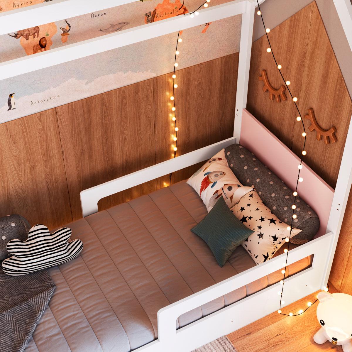 Cama Infantil Montessoriana com Cama Auxiliar Branco com Rosa Completa Móveis