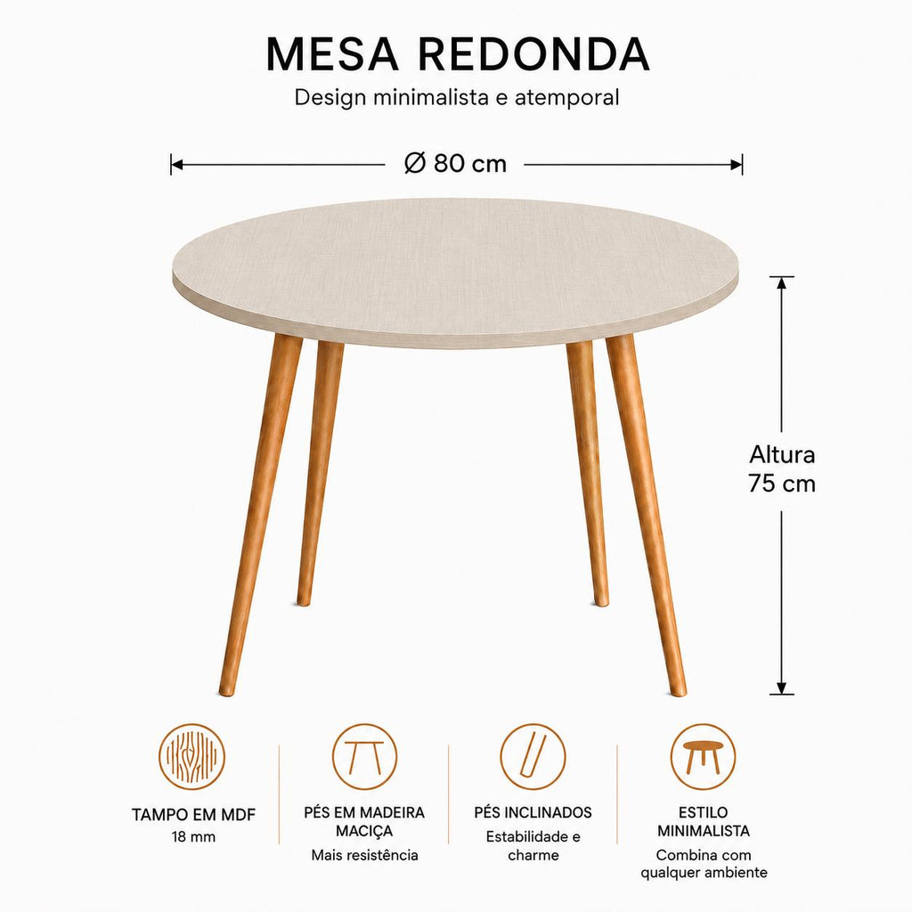 Mesa Jantar Sofia Redonda 80cm Linho Fendi 18mm Pés de Madeira Natural Marin