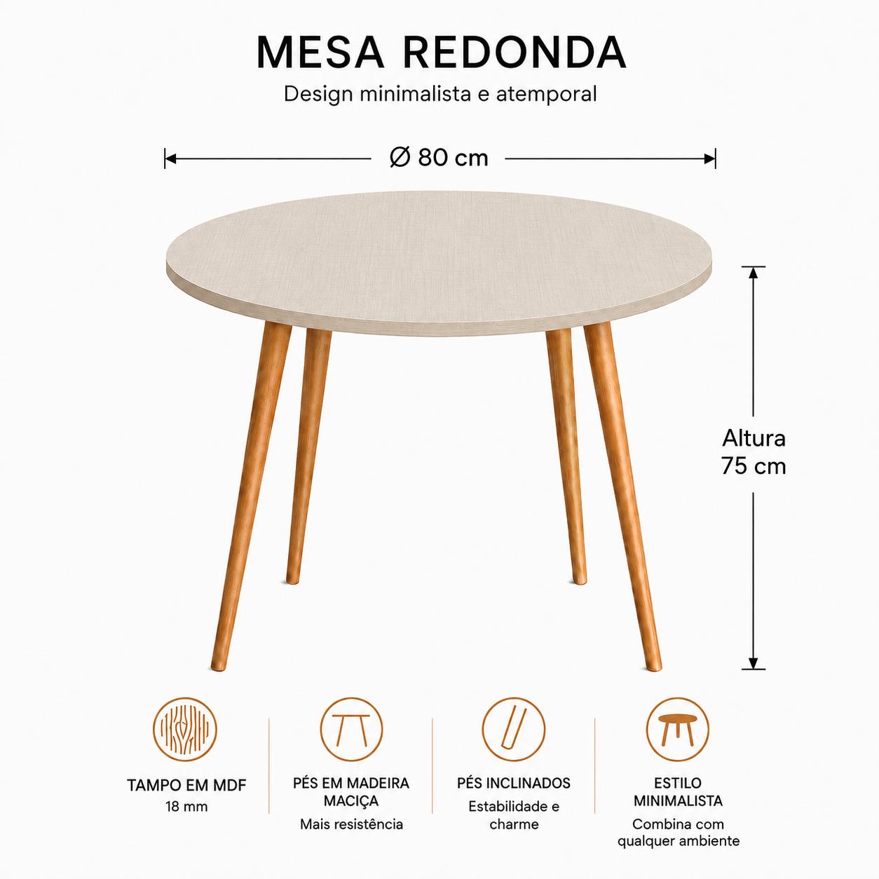 Mesa Jantar Sofia Redonda 80cm Linho Fendi 18mm Pés de Madeira Natural Marin