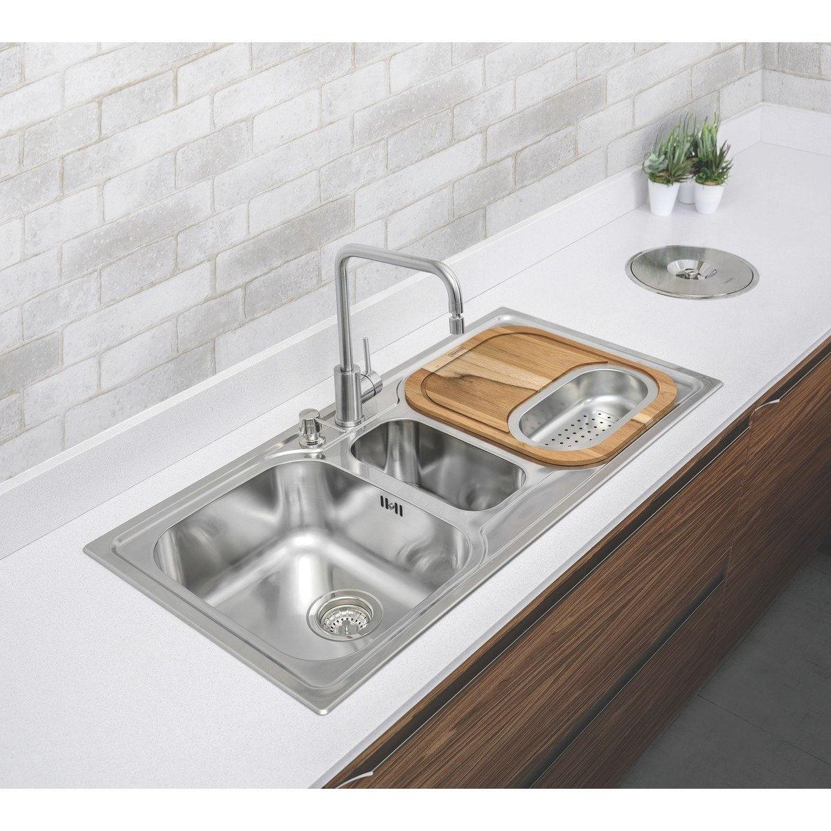 Cuba de Sobrepor Inox Acetinado 100x50cm Marea 2.5C 34 com Acessórios e Misturador Tramontina 93831133