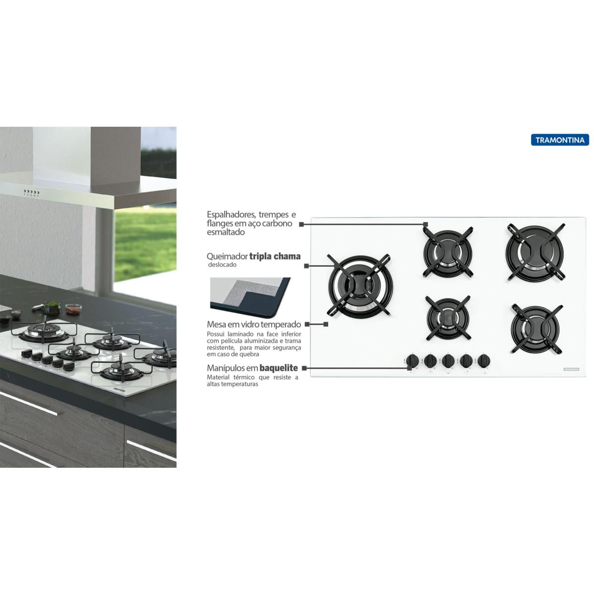 Cooktop a Gás Tramontina Penta Side Plus 5GG W Tri 90 em Vidro Temperado Branco