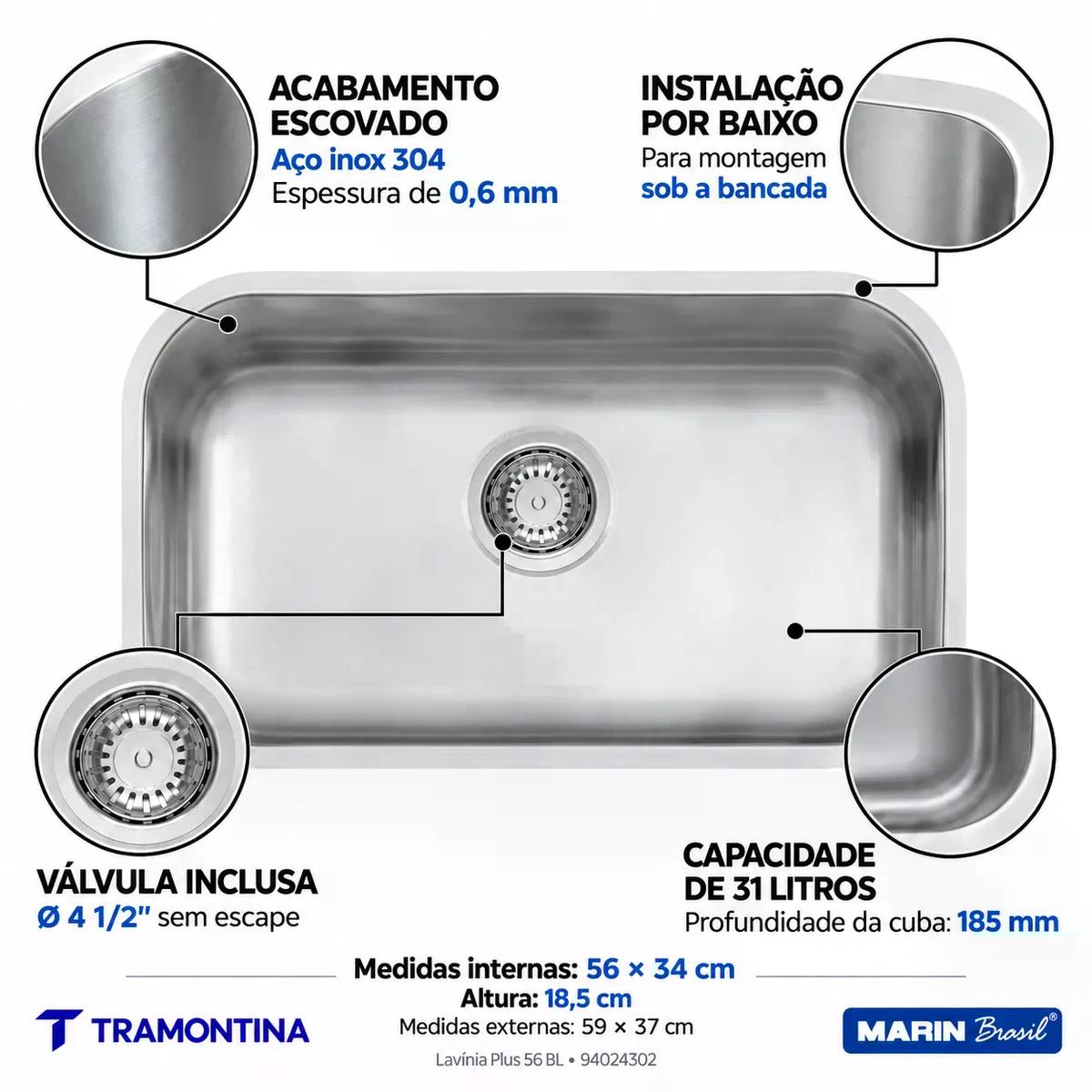 Cuba Tramontina Lavínia Plus 56 BL Inox Escovado 56 x 34 cm Válvula 4 1/2 pol