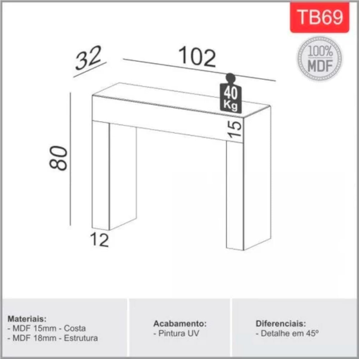 Aparador em MDF 102 cm Preto Brilho TB69 PP Dalla Costa