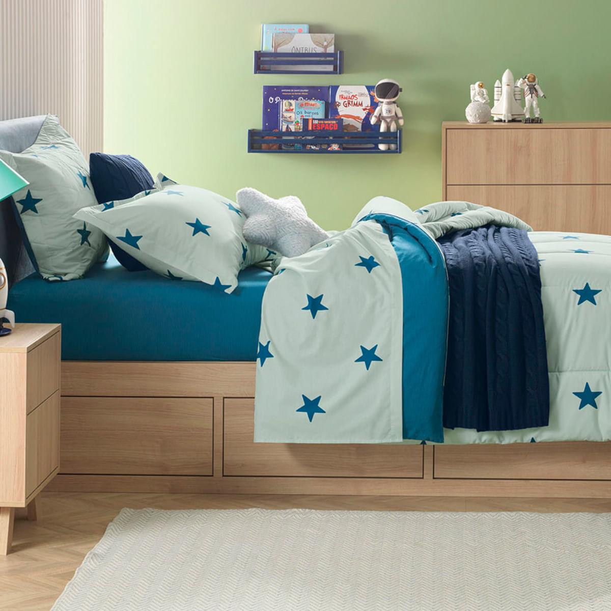 Cobre Leito Infantil Casal Karsten 180 fios Percal 100% Algodão com 2 Porta Travesseiros Estrelado Estampado