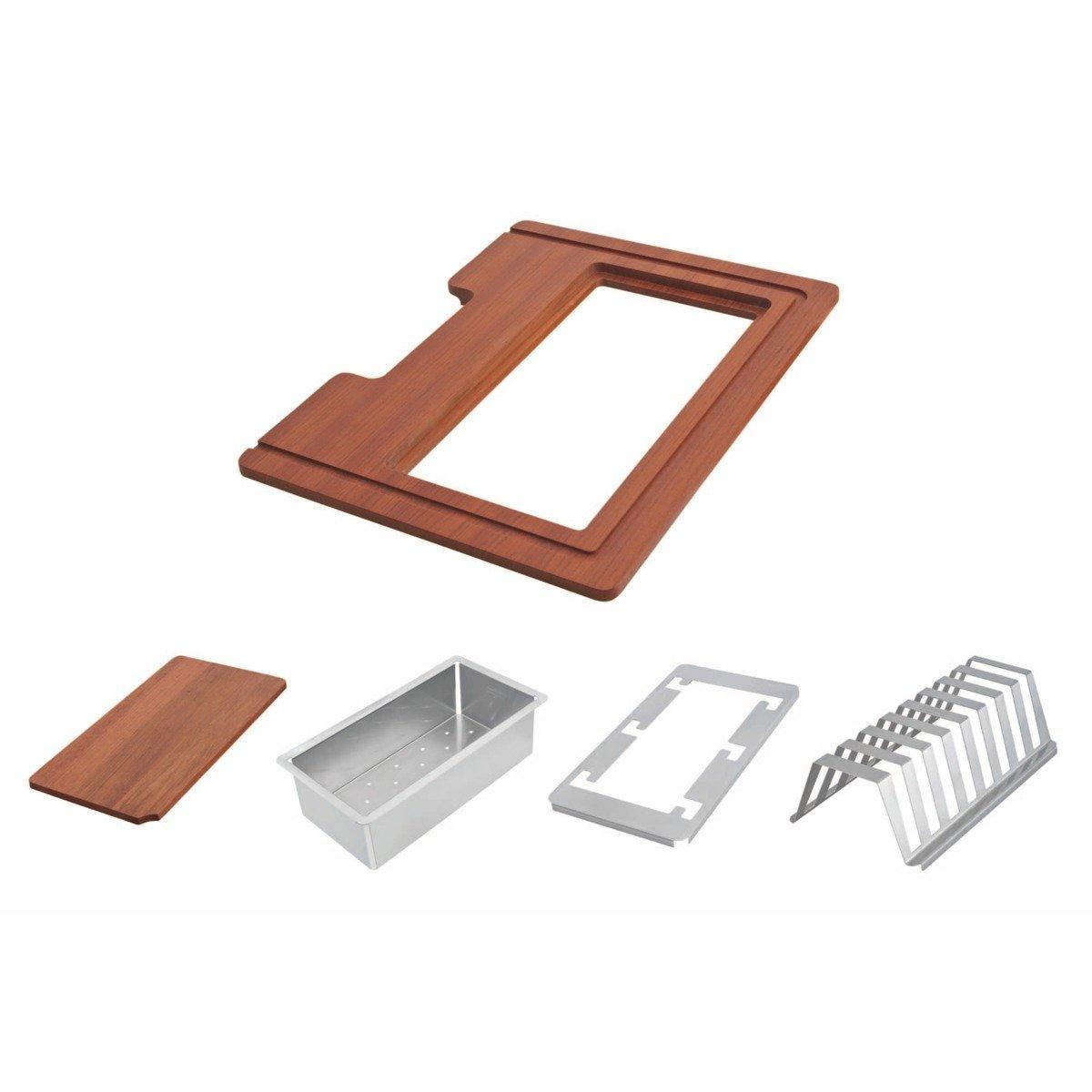 Kit para Cuba Quadrum Tramontina em Aço Inox com Acabamento Scotch Brite e Tábua em Madeira Jatobá Vazada 42x32 cm