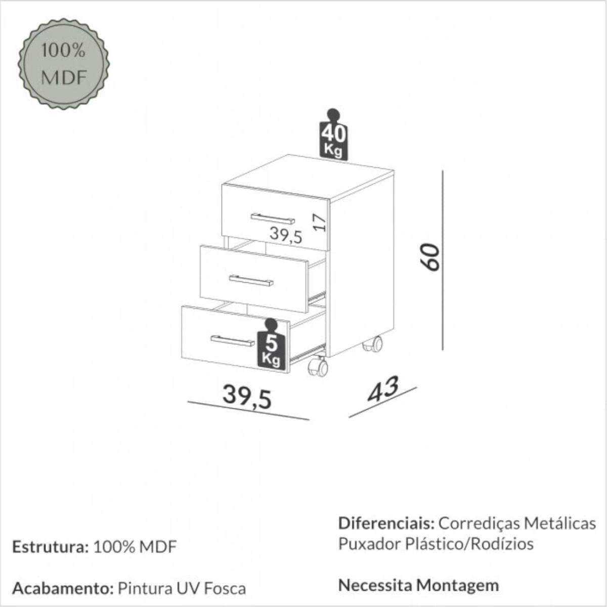 Gaveteiro 3 Gavetas com Rodízios em MDF 39x43x60cm Dalla Costa Off White