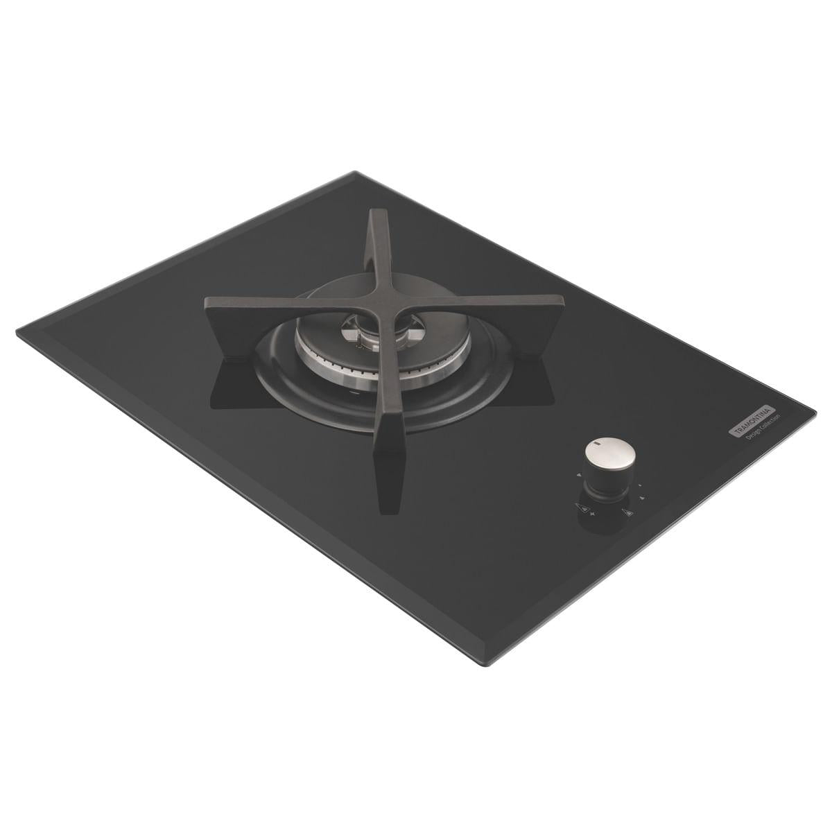 Cooktop a Gás Tramontina Dominó Glass Flat 1GG 38 Safestop em Vidro Temperado Preto e Trempes em Ferro Fundido