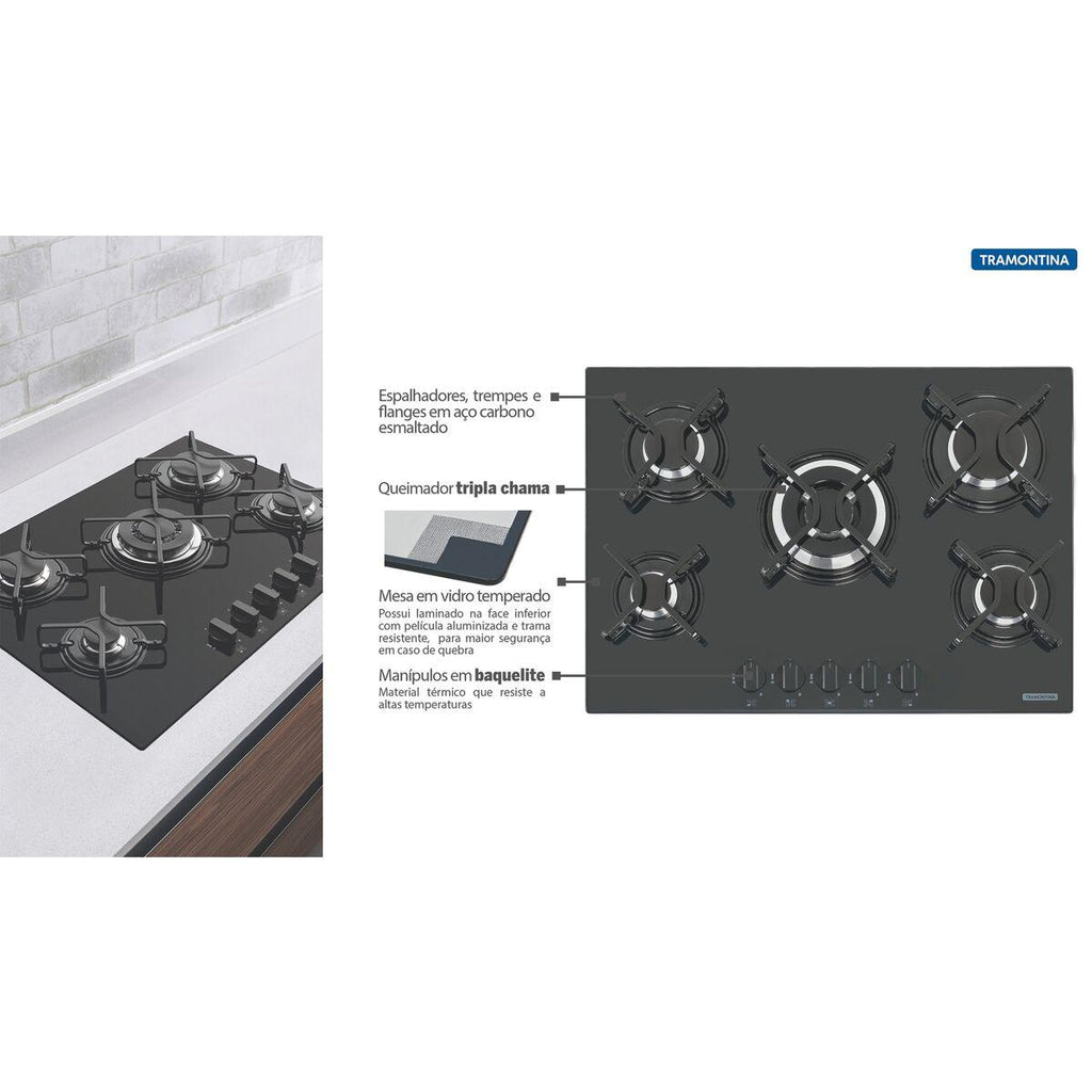 Cooktop a Gás Tramontina Penta em Vidro Temperado Preto 5 Queimadores
