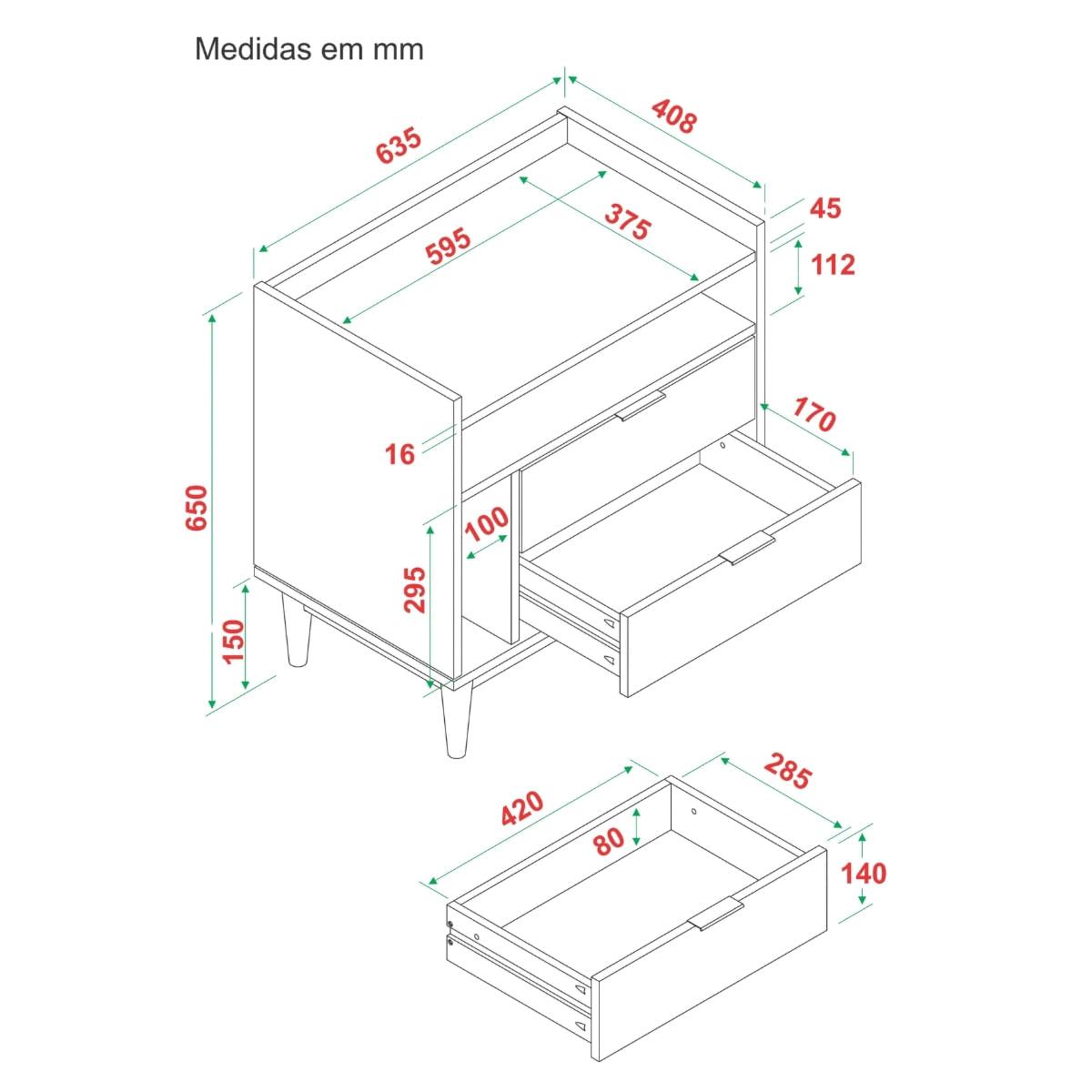 Mesa de Cabeceira Laca Preta 63cm 2 Gavetas em Madeira Marin