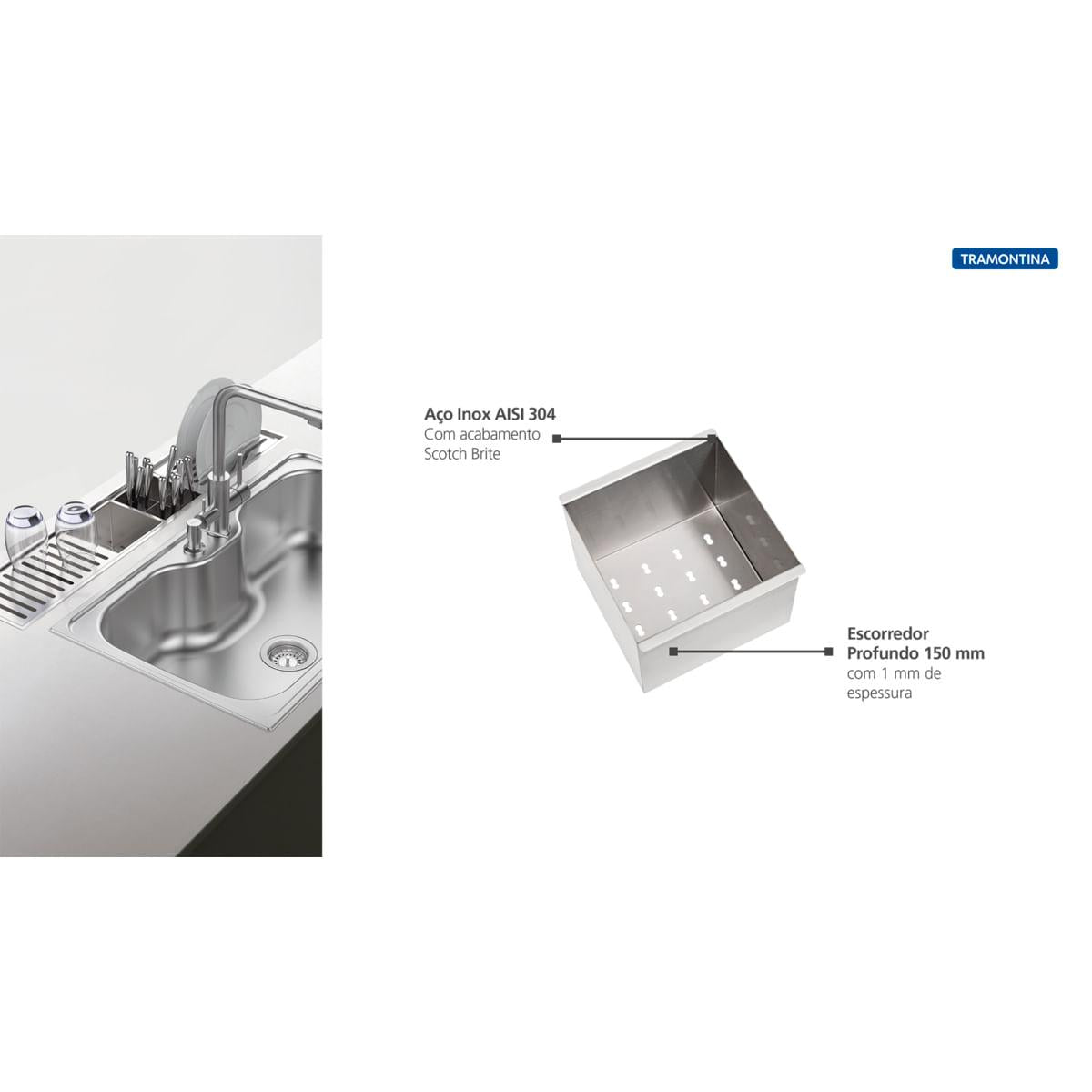 Escorredor Profundo Tramontina em Aço Inox Scotch Brite para Canal Organizador 15x15 cm