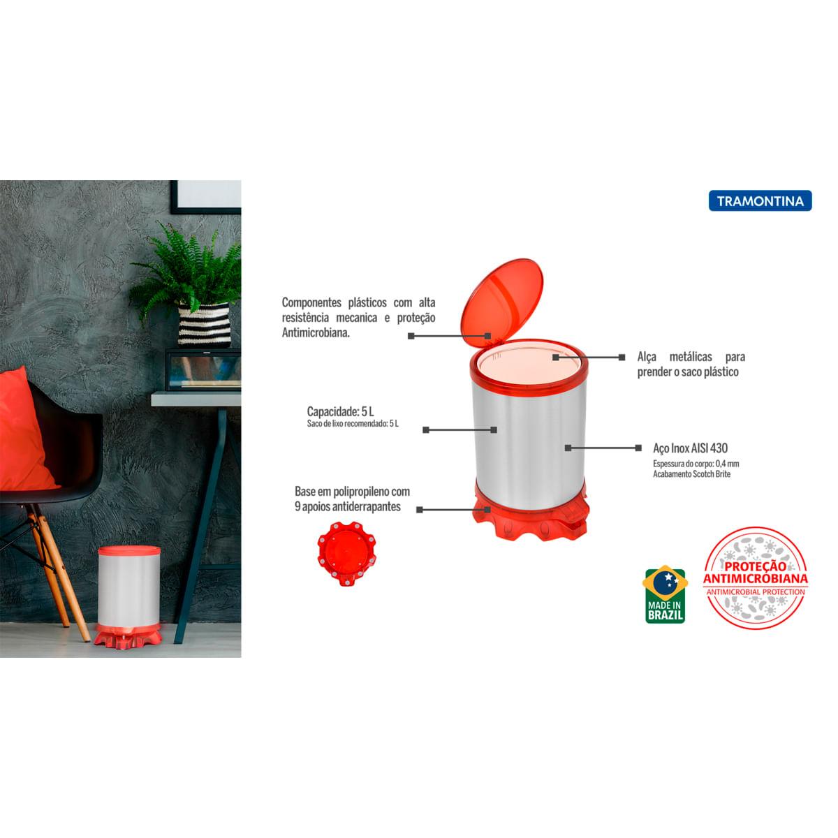 Lixeira Inox Tramontina Sofie Inox Scotch Brite e Detalhes em Plástico Translúcido Vermelho com Pedal 5 L