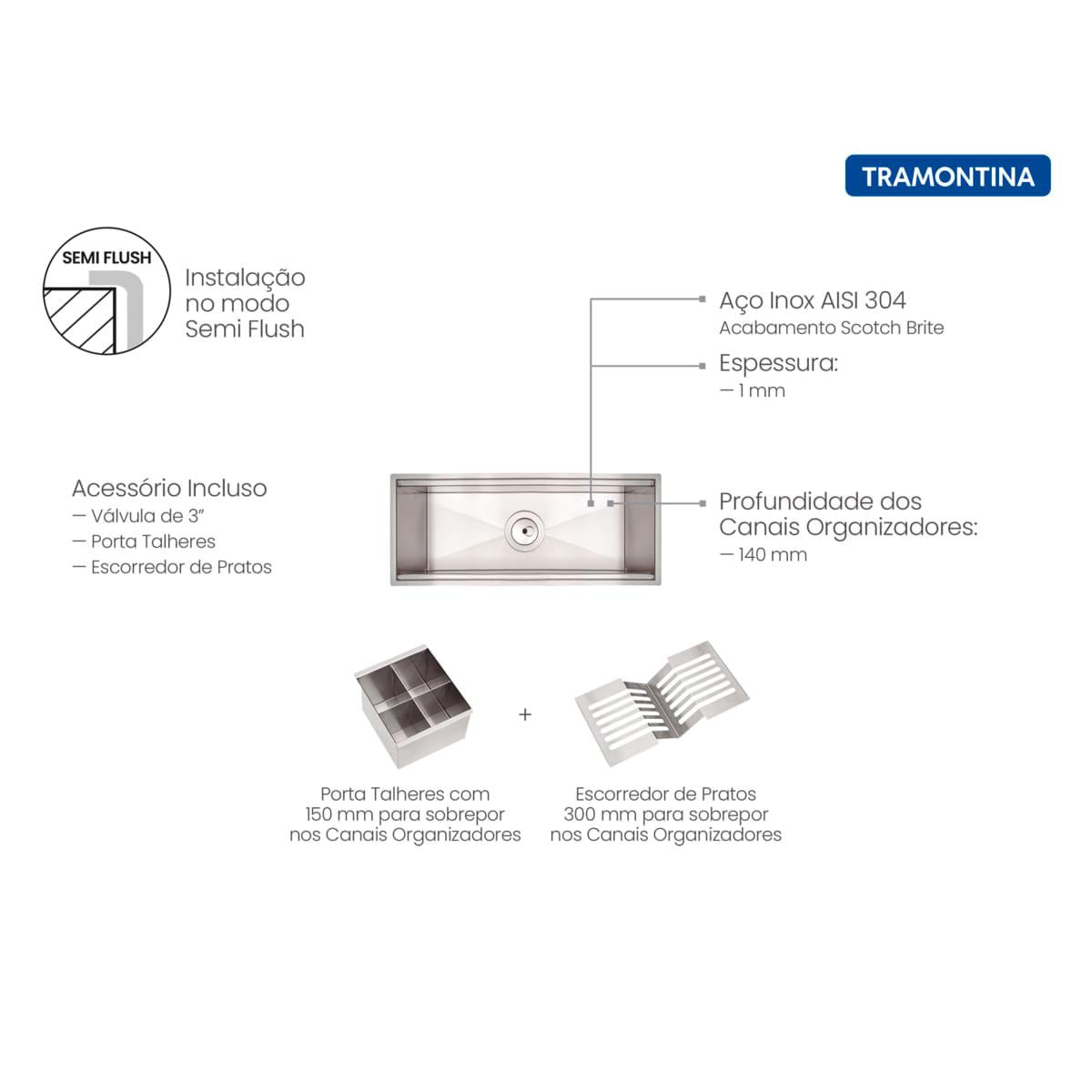 Canal Organizador em Aço Inox Tramontina para Sobrepor Scotch Brite com Acessórios 45x18 cm