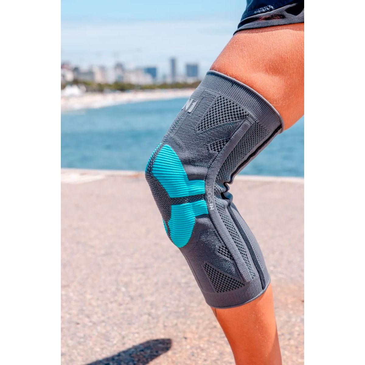 Joelheira PRO Knit 3D Cinza com Azul Turquesa N1 Sport