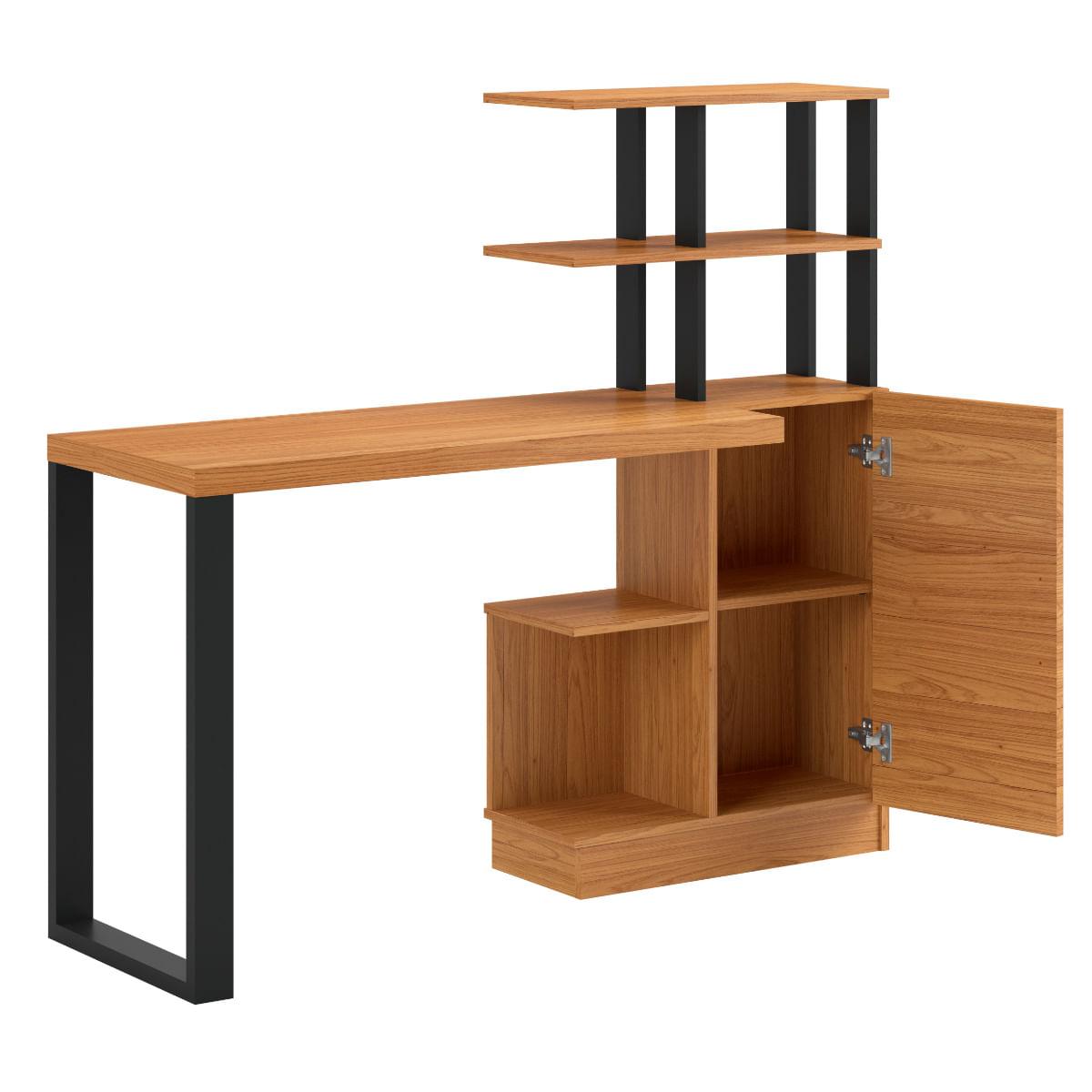 Escrivaninha em MDF 5 Prateleiras 1 Porta 135 cm Freijó/Preto Fosco Pradel Dalla Costa F17