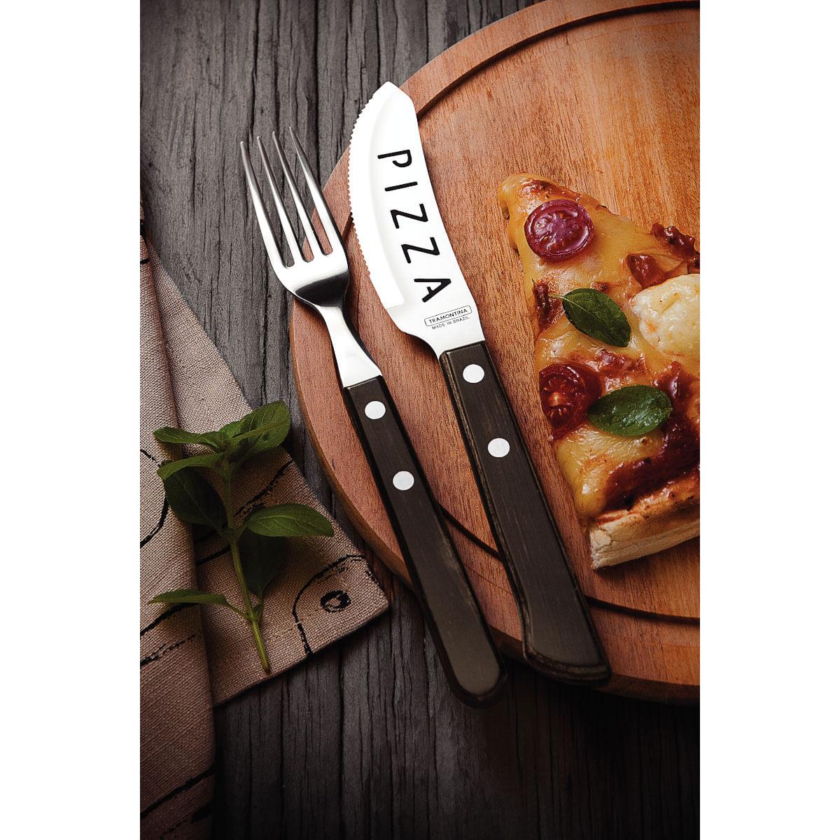Jogo de Talheres para Pizza 4 peças Tramontina Aço Inox Cabo Castanho Estojo de Madeira