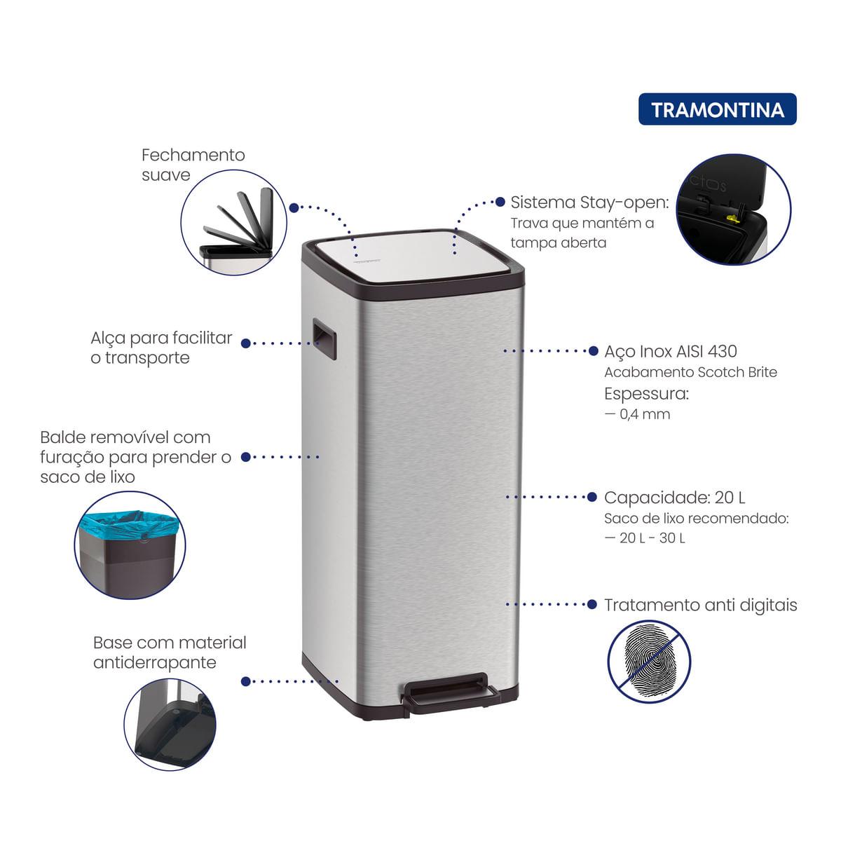 Lixeira Tramontina Octos 20 Litros em Aço Inox com Balde Removível e Pedal OUTLET