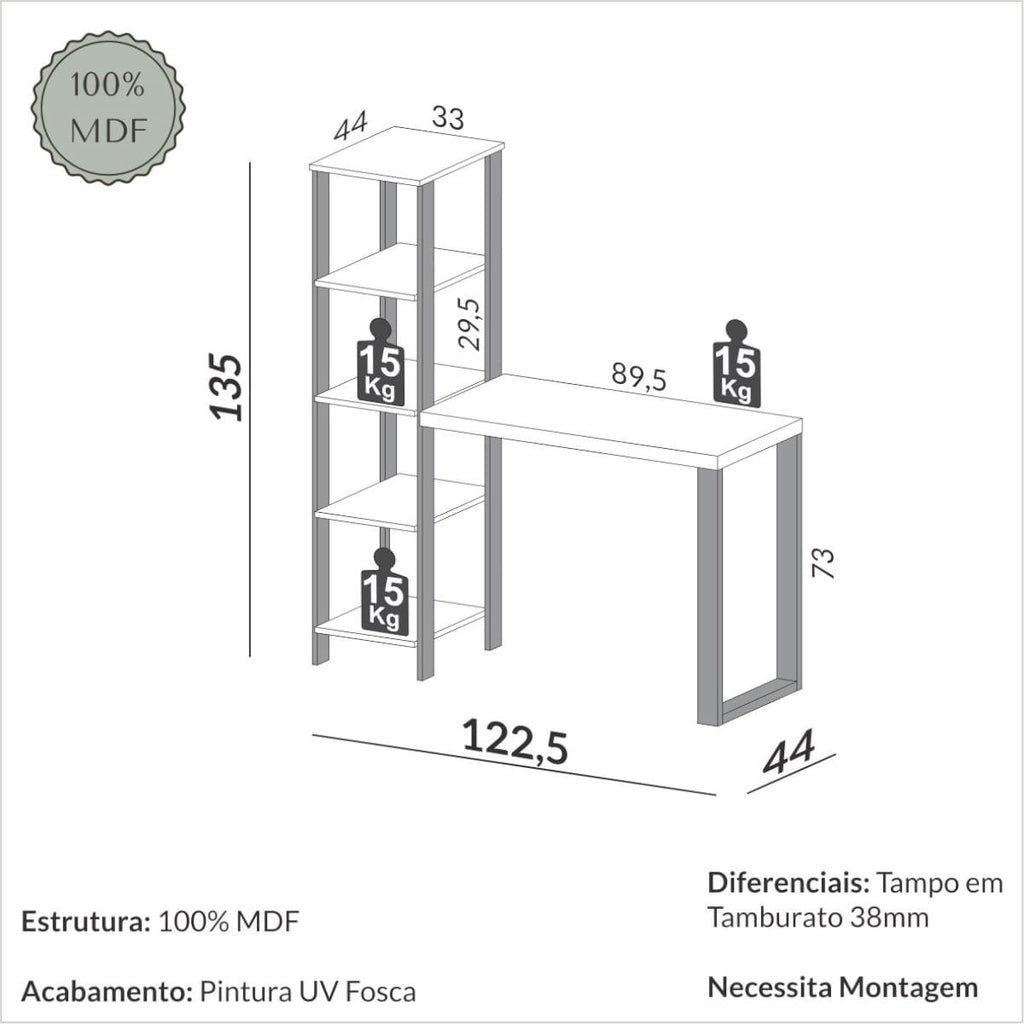 Escrivaninha em MDF 5 Prateleiras 123 x 44 cm Freijó/Preto Fosco Pradel Dalla Costa