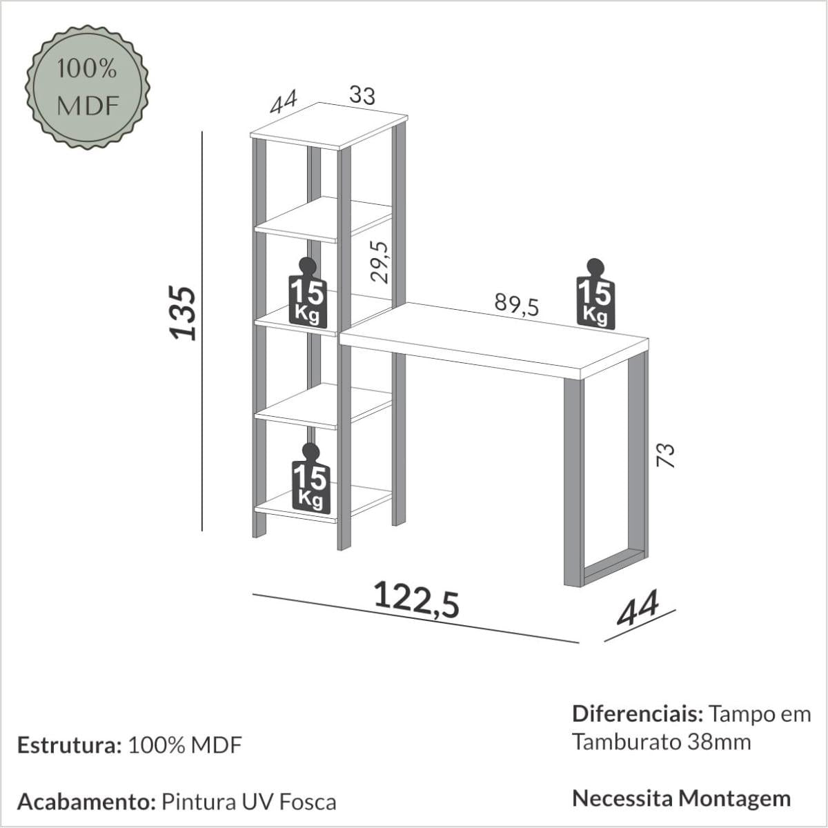 Escrivaninha em MDF 5 Prateleiras 123 x 44 cm Freijó/Preto Fosco Pradel Dalla Costa