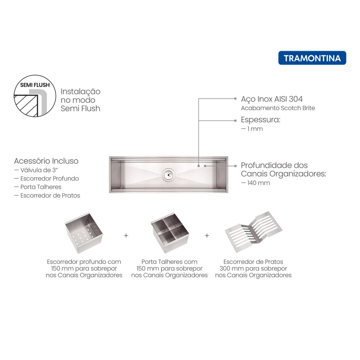 Canal Organizador Tramontina 60cm Aço Inox Acetinado com Acessórios