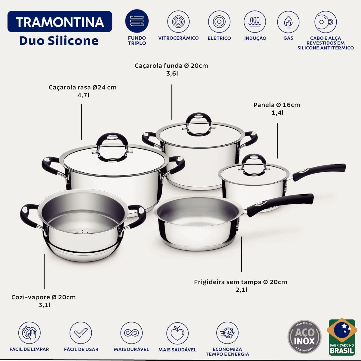 Jogo de Panelas Tramontina Duo Silicone 5 Peças Aço Inox Fundo Triplo