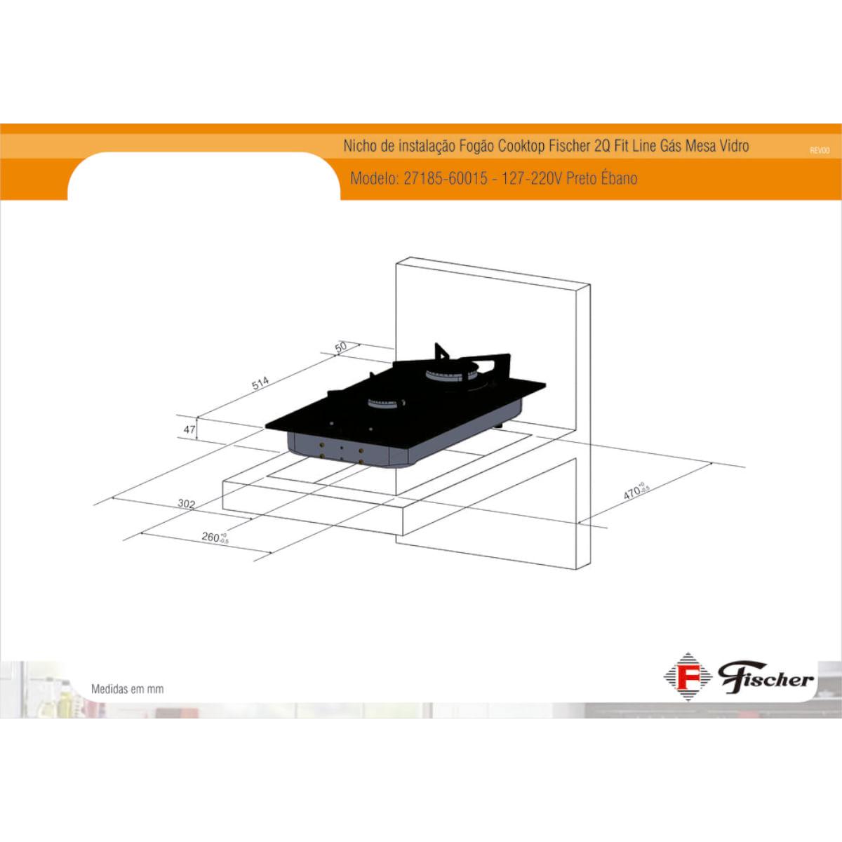 Fogão Cooktop Fischer 2Q Fit Line Gás Mesa Vidro