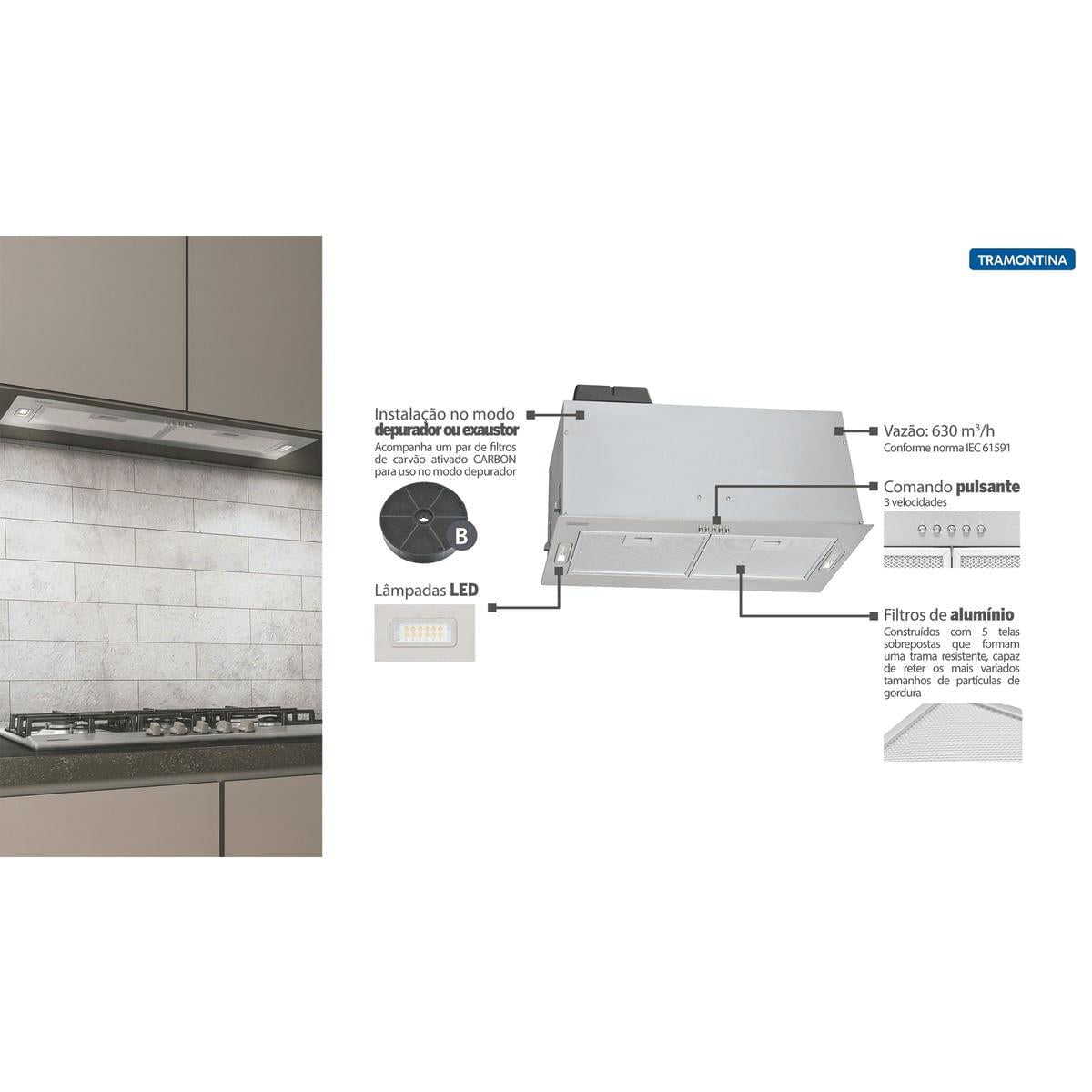 Coifa de Embutir Tramontina Incasso Retangular em Aço Inox 75 cm 127 V