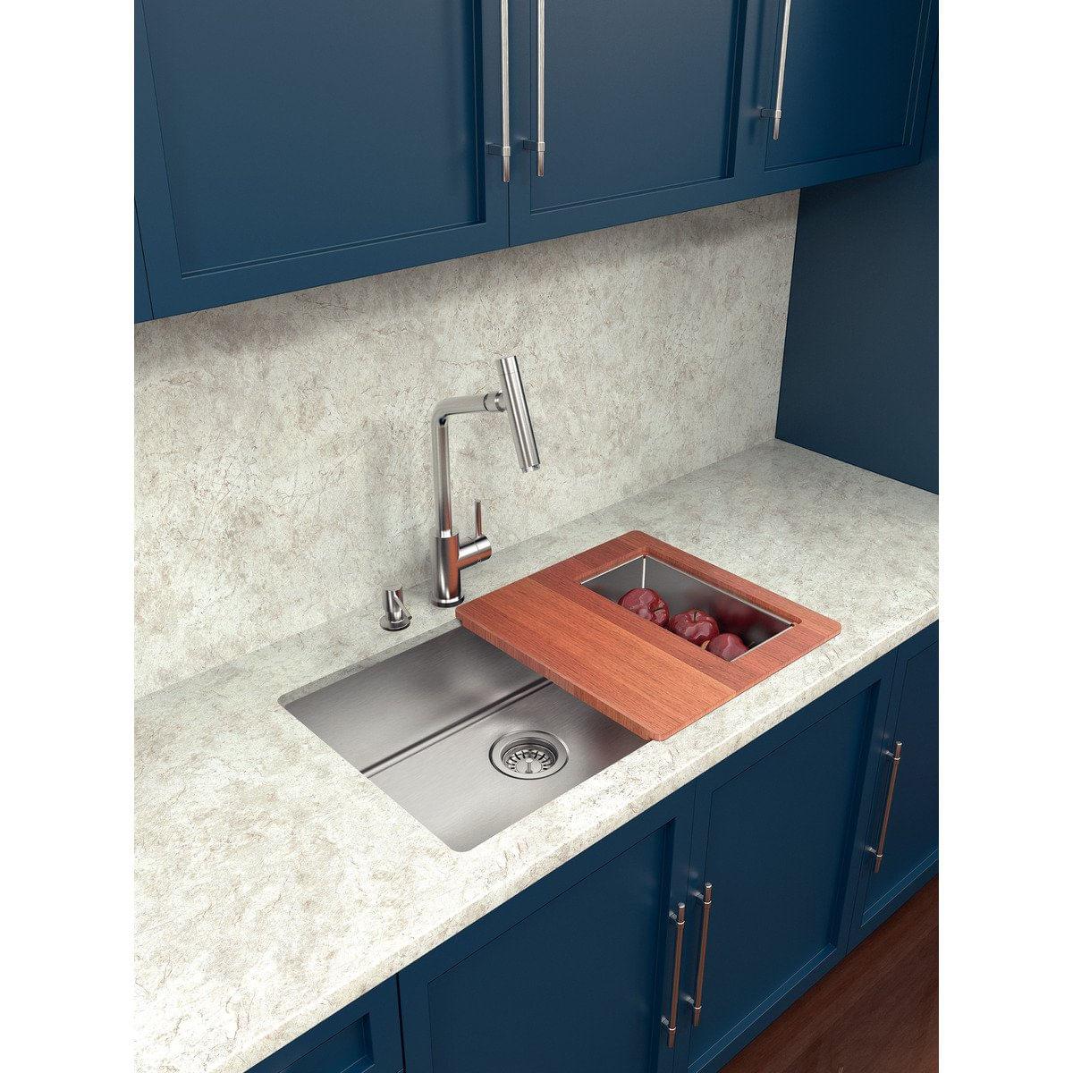 Cuba Tramontina Quadrum 70 U Undermount em Aço Inox Scotch Brite 70 x 40 cm com Dosador de Sabão, Tábua e Cesto
