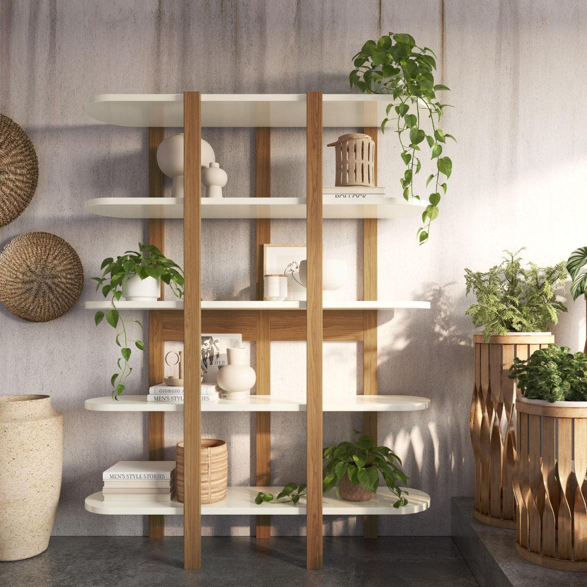 Estante Curva 5 Prateleiras em MDF Off White/Freijó 135 x 34 x 175 cm F70 WJ Dalla Costa