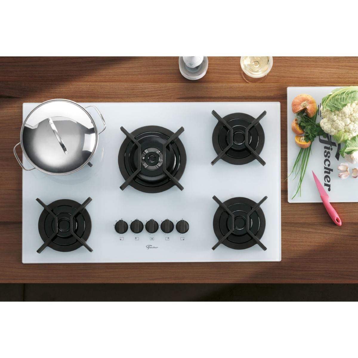 Cooktop Fischer 5Q Tripla Chama Infinity Gás Mesa Vidro Special White