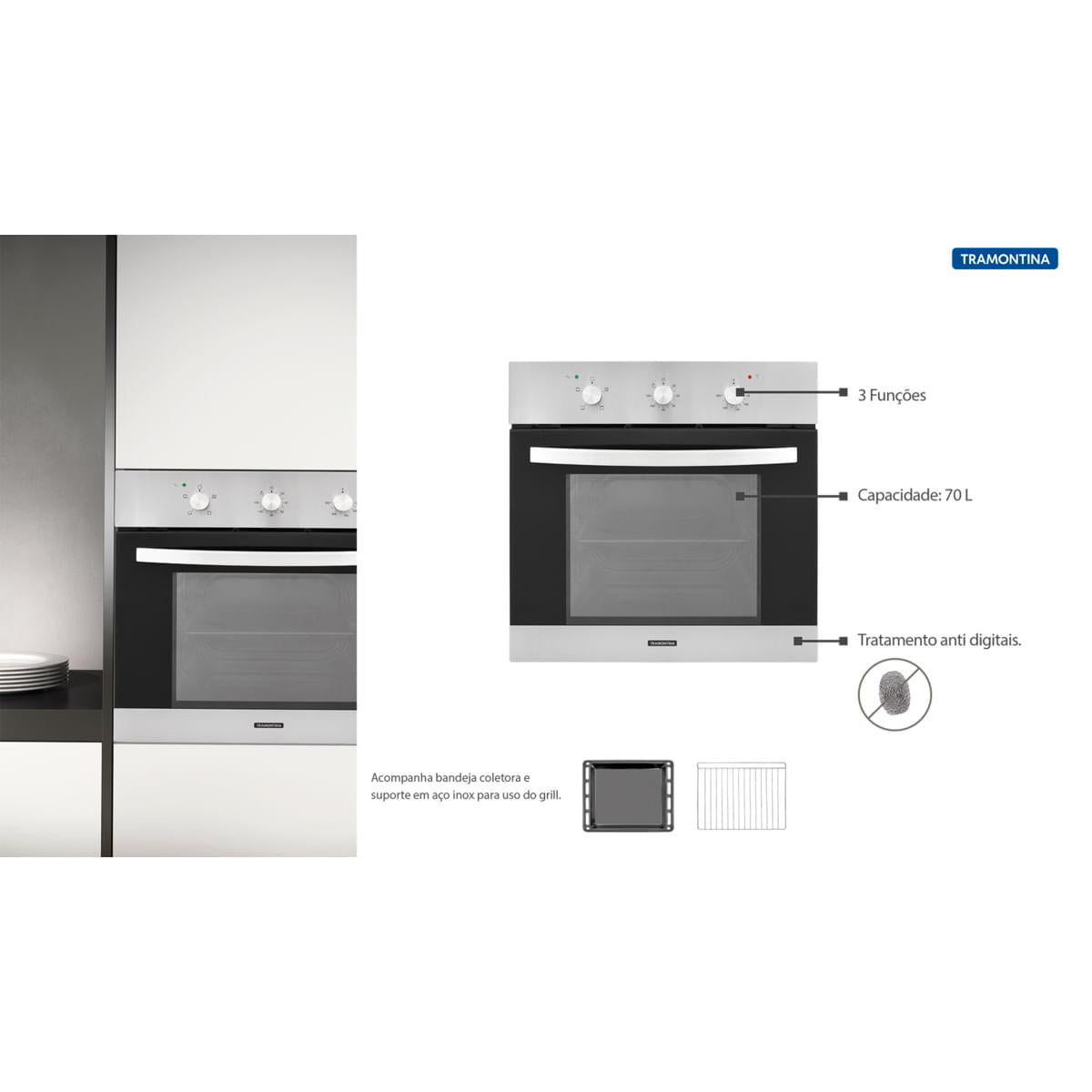 Forno Elétrico Tramontina Inox Basic 60 F3 em Aço Inox e Vidro Temperado Preto com 3 Funções 220 V, 70 L