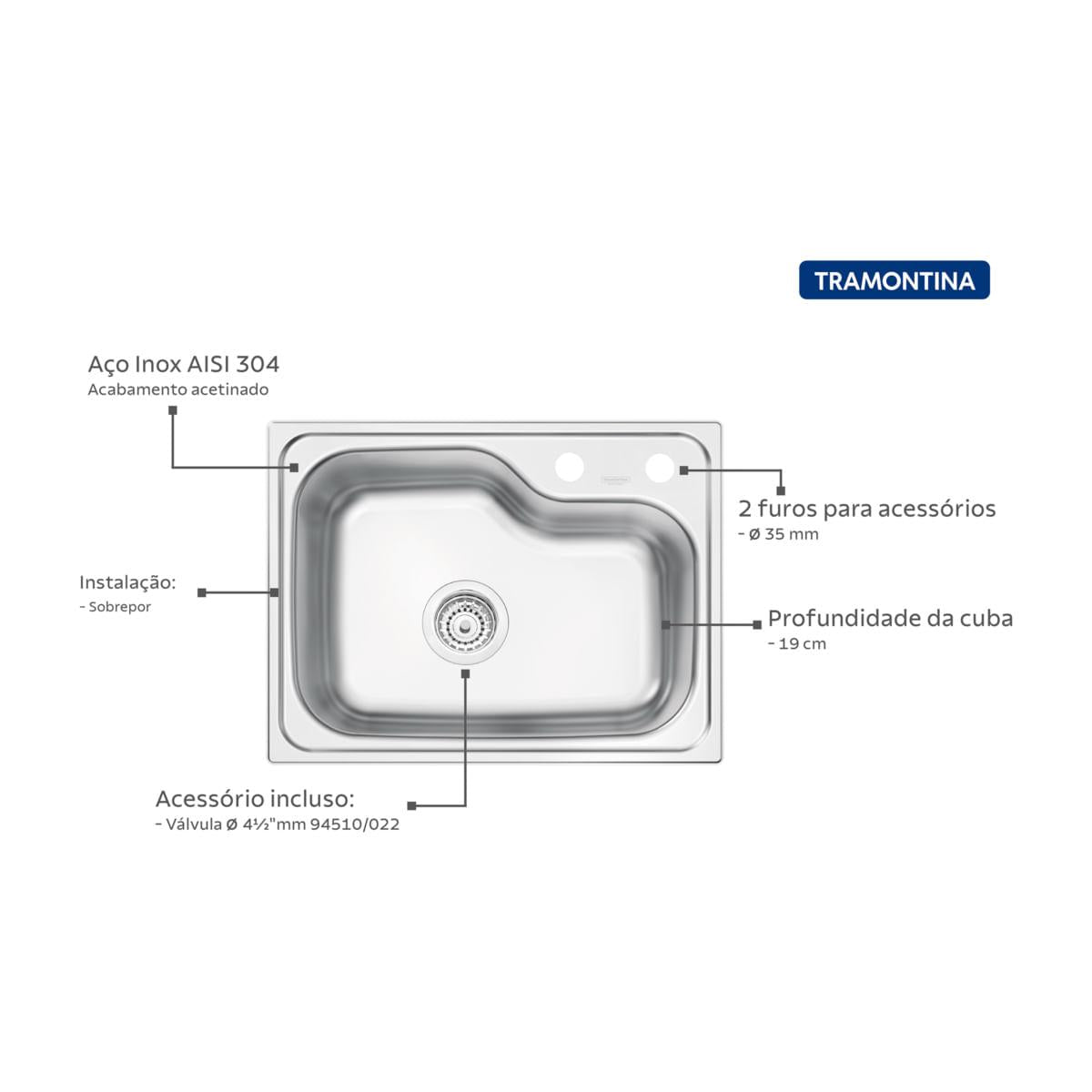 Cuba de Sobrepor Tramontina Morgana Compact 48 FX em Aço Inox Acetinado 55 x 42 cm com válvula