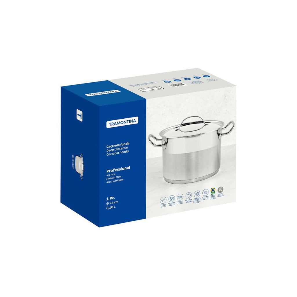 Caçarola Funda Tramontina Professional Aço Inox 6,1L com Tampa Plana e Fundo Triplo 24cm