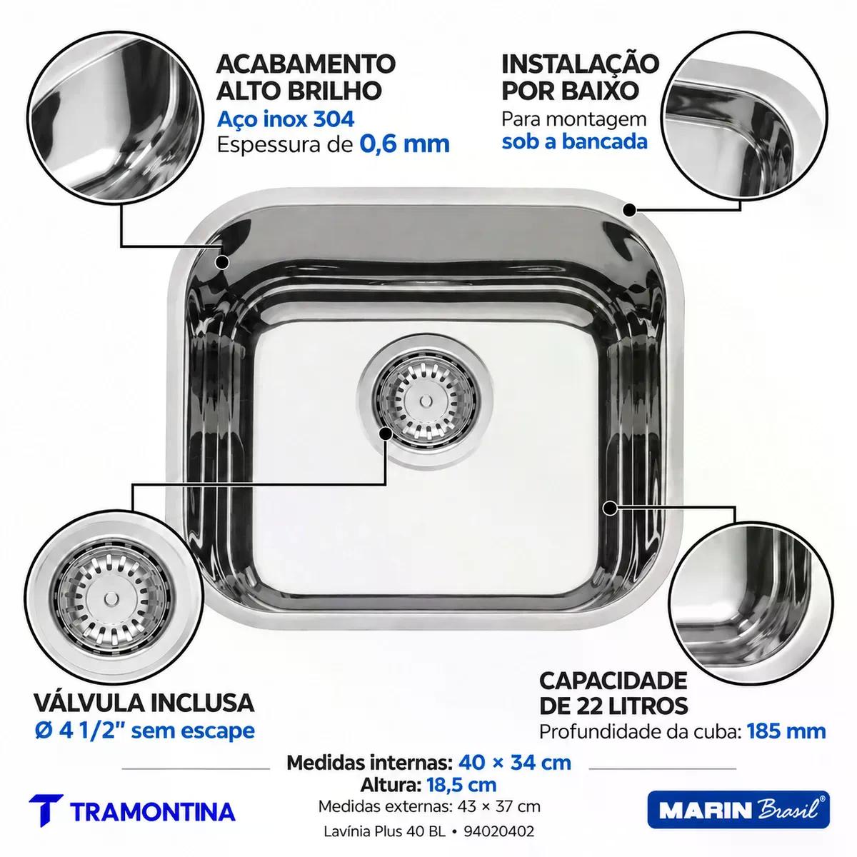Cuba Tramontina Lavínia Plus 40 BL Inox Alto Brilho 40 x 34 cm Válvula 4 1/2 pol