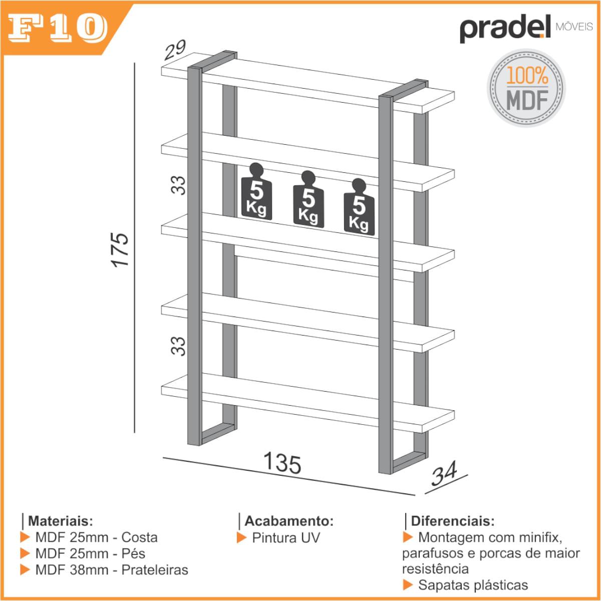 Estante para Livros 5 Prateleiras em MDF Freijó/Preto Fosco 135 x 29 x 175 cm F10 Dalla Costa