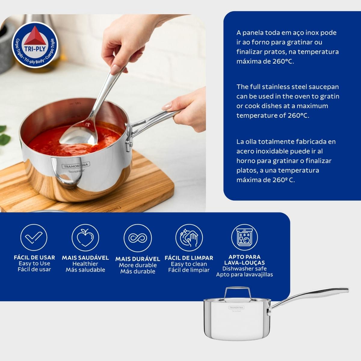 Panela Tramontina Grano em Aço Inox 16 cm 1,7L Fundo Triplo Compatível com Indução