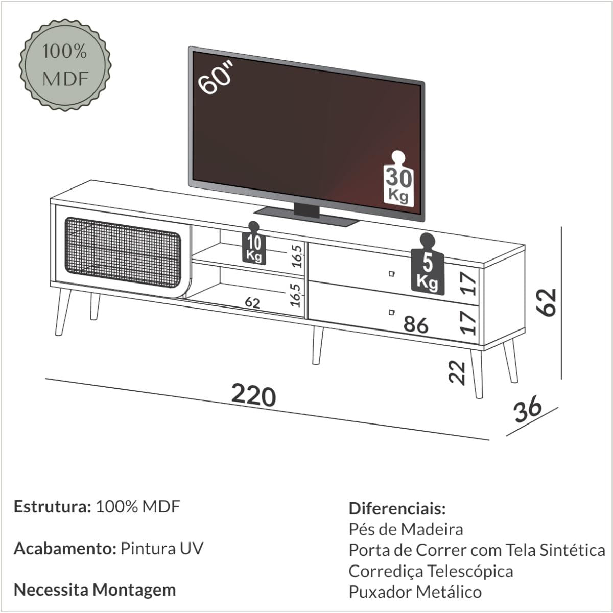Rack Tela para TV em MDF 220 cm com 2 Gavetas e Porta de Correr Freijó Dalla Costa