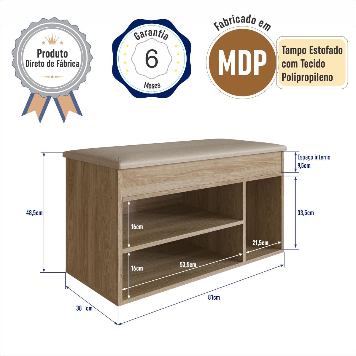Sapateira Baú OAK com Tampo Estofado 81x38x48 cm Completa Móveis