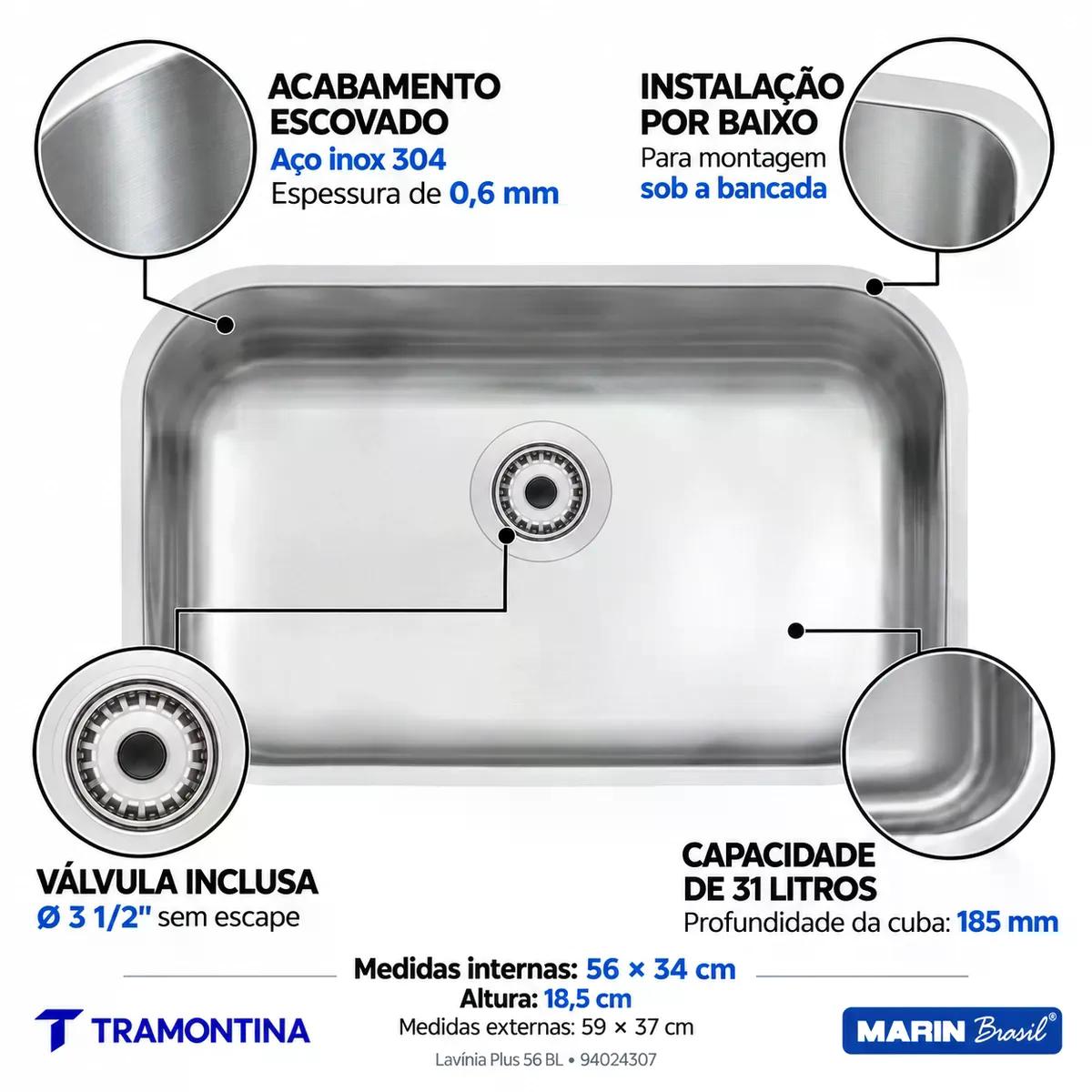 Cuba Tramontina Lavínia Plus 56 BL Inox Escovado 56 x 34 cm Válvula 3 1/2 pol