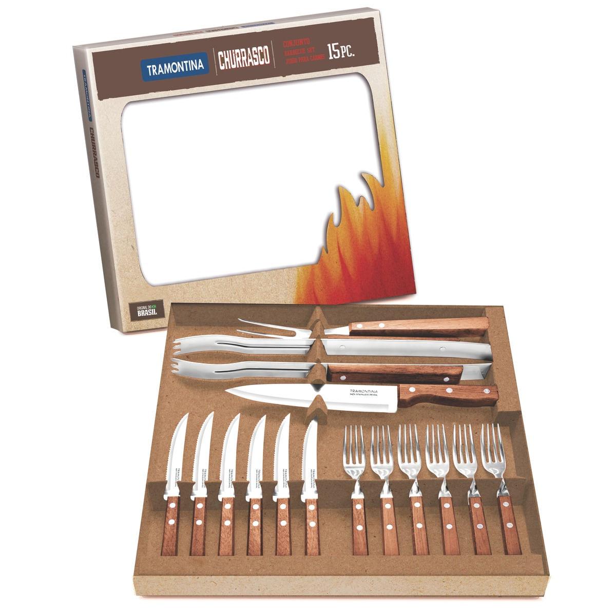 Kit para Churrasco Tramontina em Aço Inox com Cabo de Madeira Natural 15 Peças 22399028