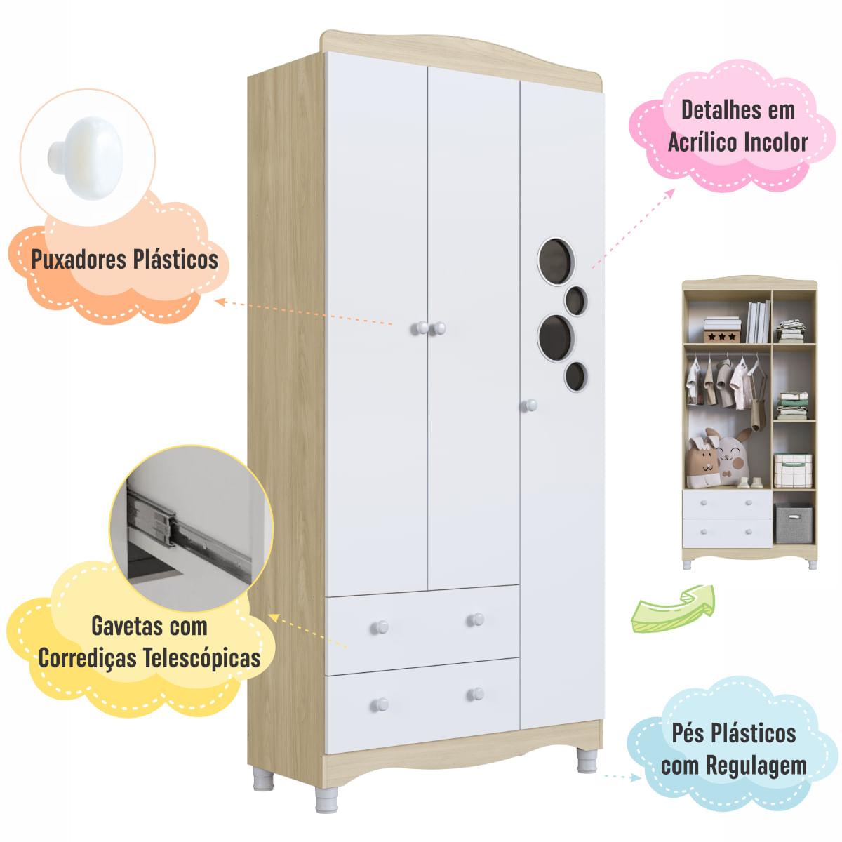 Guarda Roupas Infantil 3 Portas e 2 Gavetas 91x40x198 cm Branco e Carvalho Completa Móveis