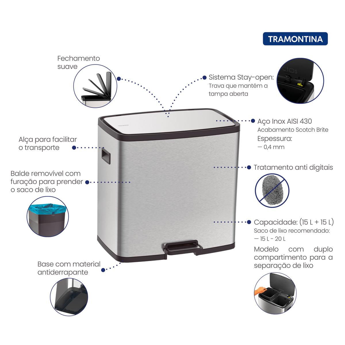 Lixeira Tramontina Octos em Aço Inox com 02 Baldes Removíveis e Pedal 15 L + 15 L OUTLET