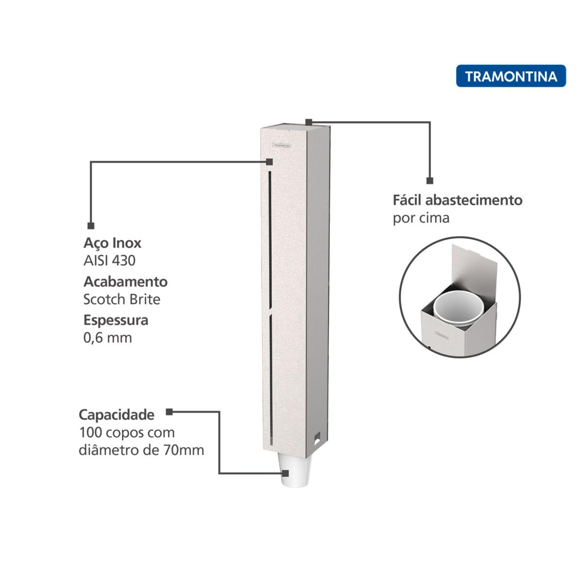 Suporte para Copos Descartáveis Tramontina em Aço Inox com Acabamento Scotch Brite